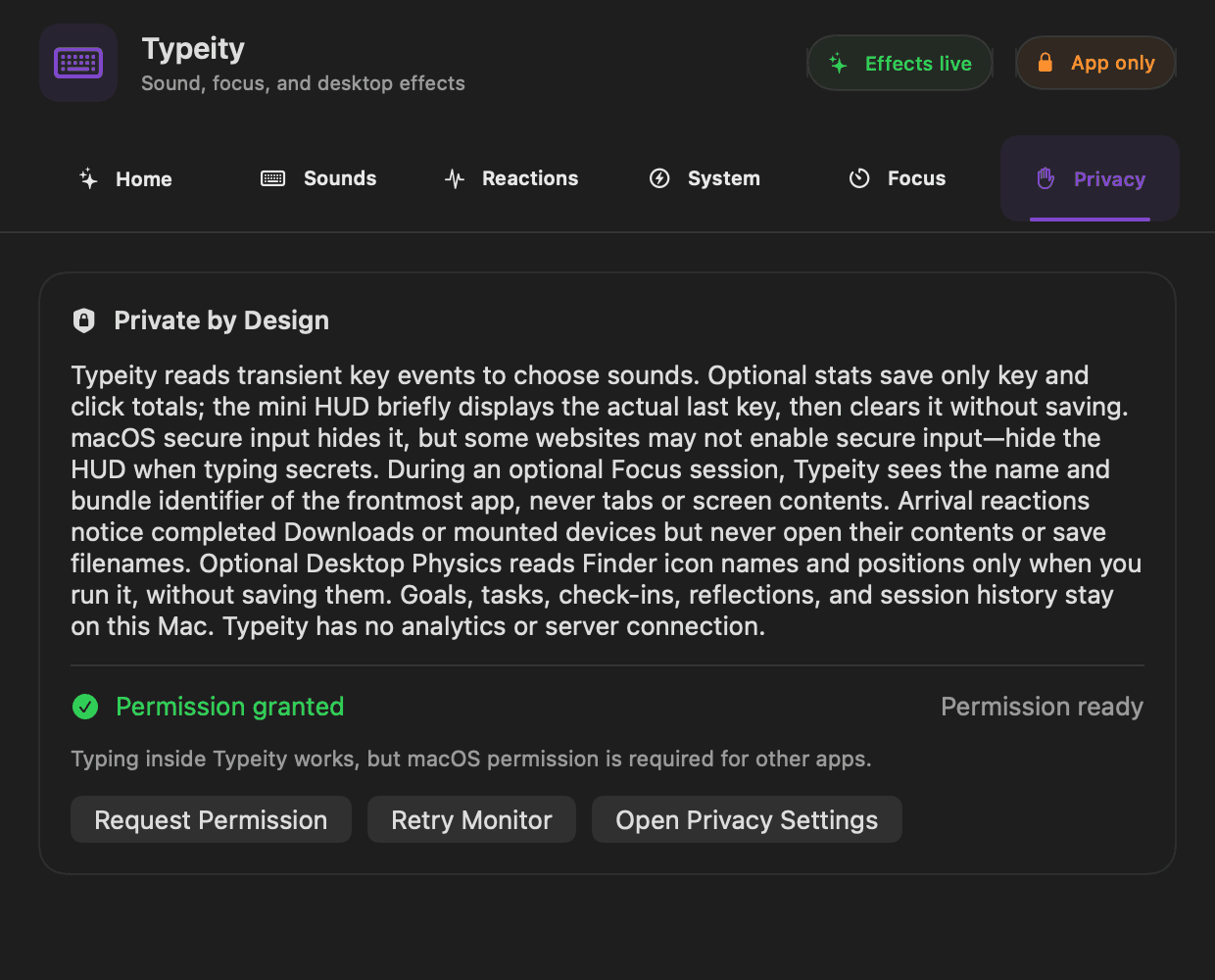 Privacy screen showing input monitoring status and privacy controls